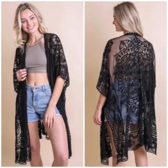 Tops - SOLD OUT Black Sheer Floral Lace Mandala Embroidered Mesh Kimono Open Wrap Top